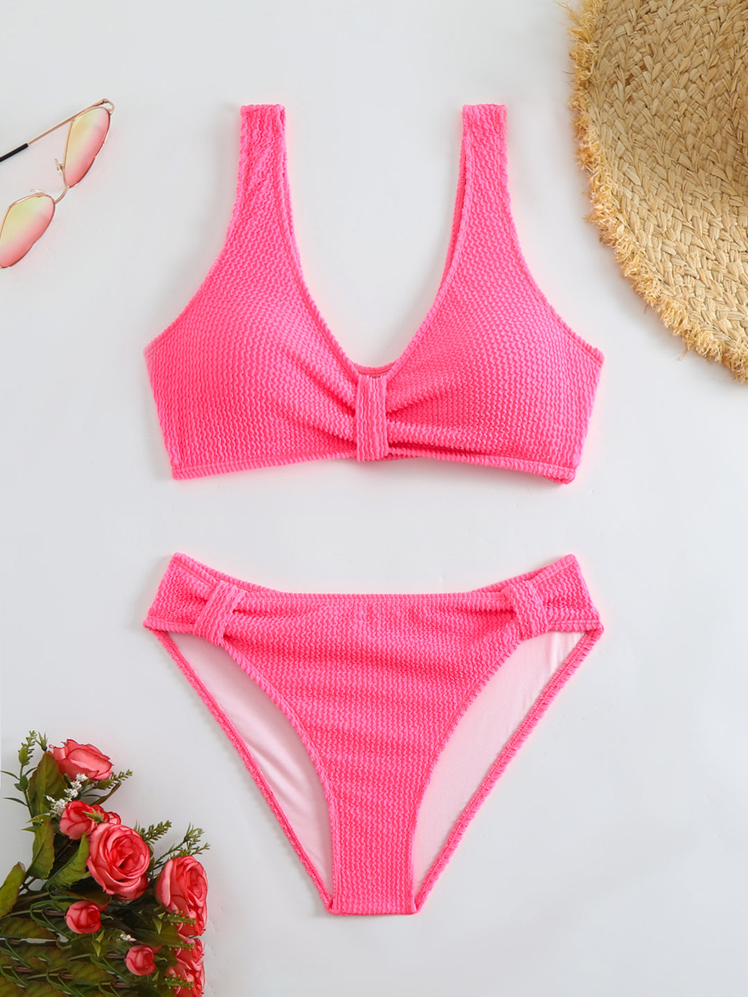 Femme Strukturierter Hochgeschnittener Bikini-Set EB