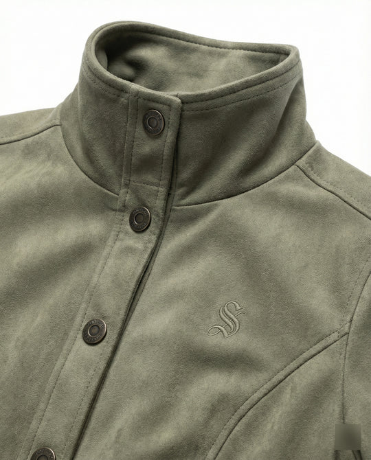 Damen Mode kaufen kurze Wildlederoptik Bomberjacke mit hohem Stehkragen und Rippbündchen EB