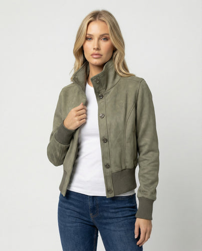 Damen Mode kaufen kurze Wildlederoptik Bomberjacke mit hohem Stehkragen und Rippbündchen EB