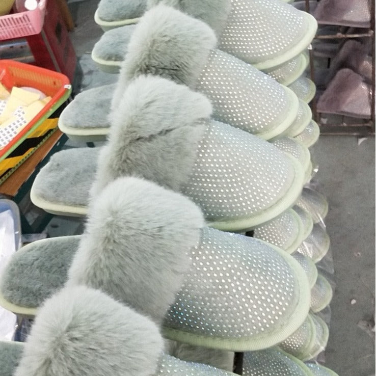 Damen Glamouröse Hausschuhe mit Glitzer und weichem Fell EB