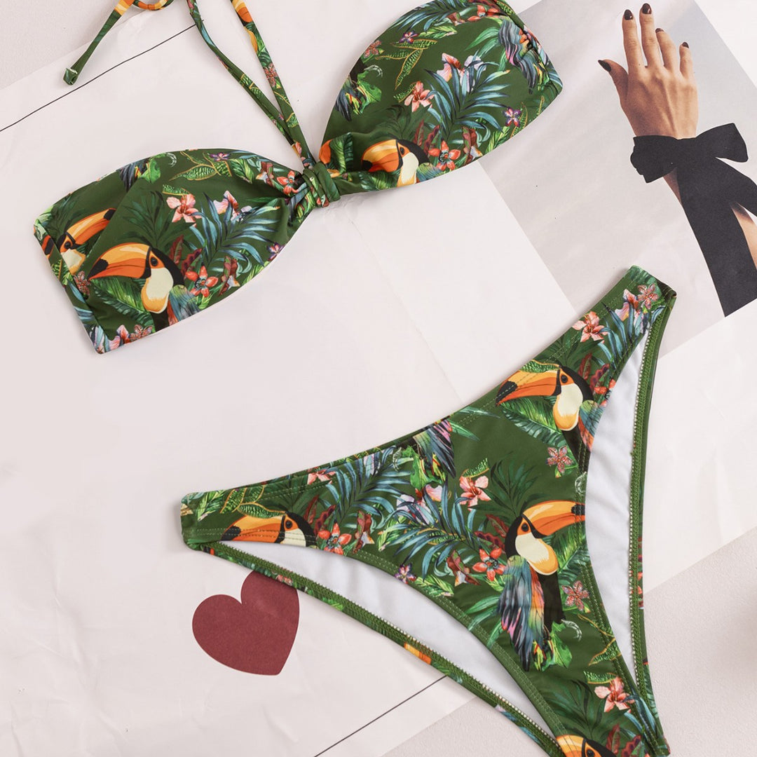 Damen Bandeau-Bikini mit exotischem Tropenmuster EB