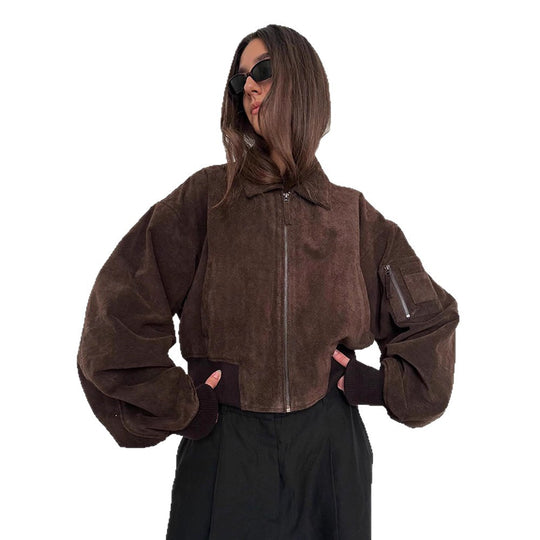 Damen Oversized Wildlederjacke mit gepolsterten Ärmeln EB