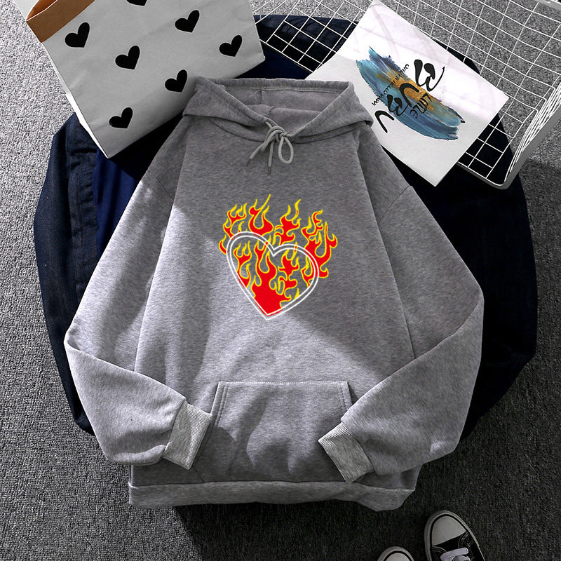 Damen nan leichter Oversize Kapuzenpullover mit Herz‑EKG‑Motiv, langen Kordeln und elastischem Bund EB