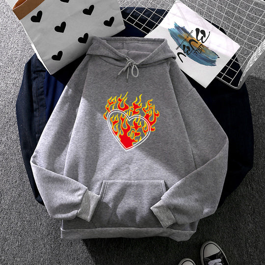 Damen nan leichter Oversize Kapuzenpullover mit Herz‑EKG‑Motiv, langen Kordeln und elastischem Bund EB