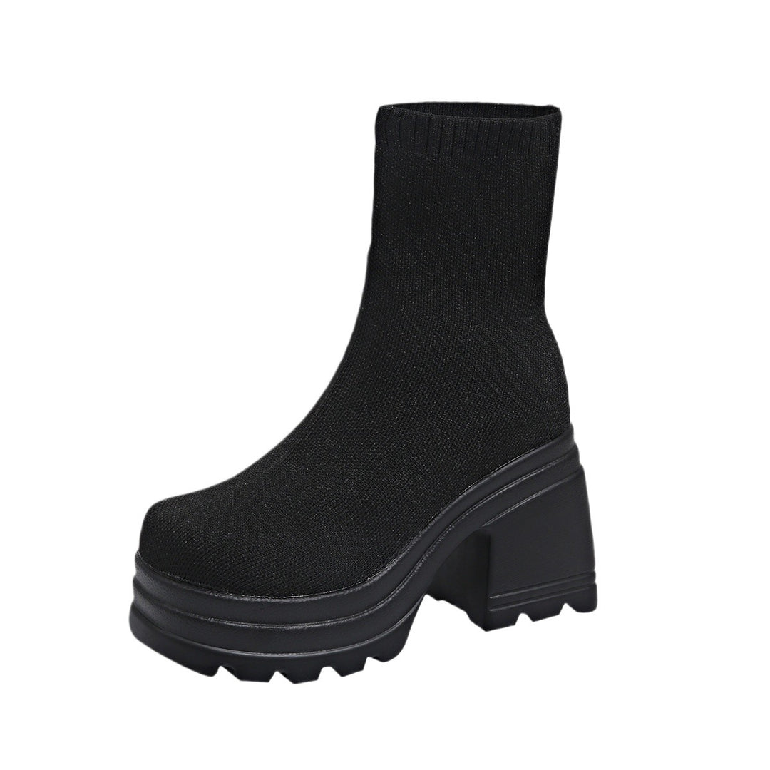 Damen Chunky Stiefeletten mit hohem Absatz und flexiblem Strickdesign EB