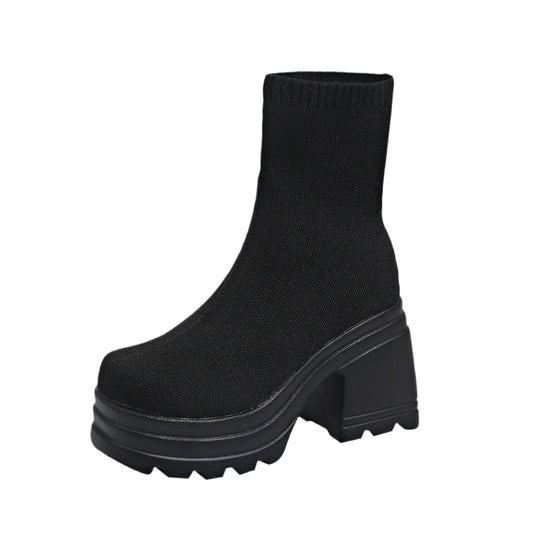Damen Chunky Stiefeletten mit hohem Absatz und flexiblem Strickdesign EB