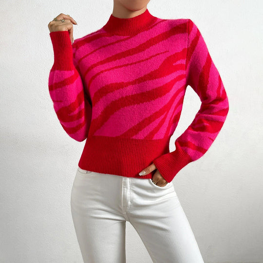 EB | Gestricktes Zebra Muster Halb Hochkragen Reguläre Passform Gerippter Saum