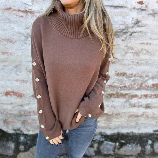 Damen kuscheliger Rollkragenpullover mit dekorativen Knöpfen EB