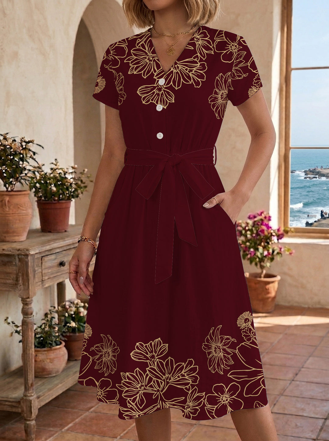 Damen Midi-Kleid mit floralem Design und bequemer Passform EB
