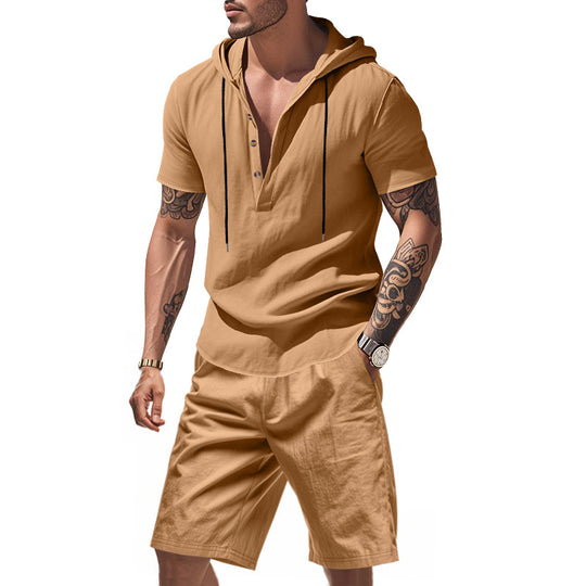 Herren lässiges Kurzarmhemd mit Kapuze und Shorts EB