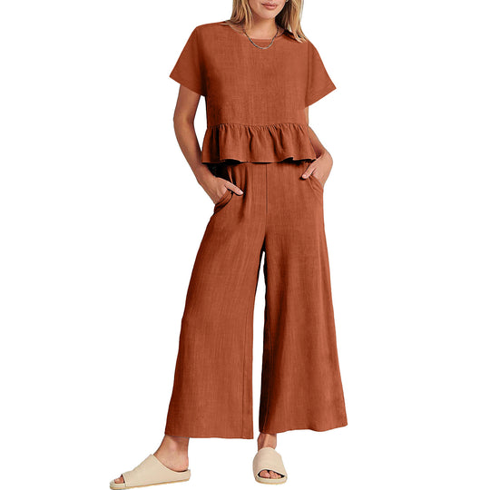 Damen Zweiteiliges Outfit mit fließendem Oberteil und weitem Hosen-Design EB