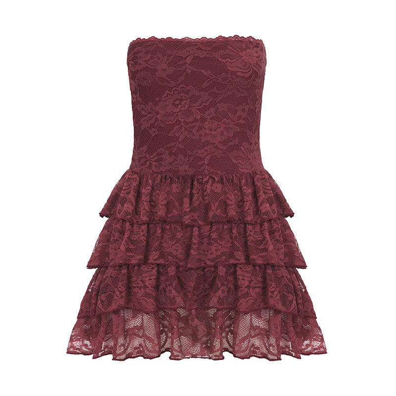 Damen Elegantes Spitzenkleid mit Volantröcken EB