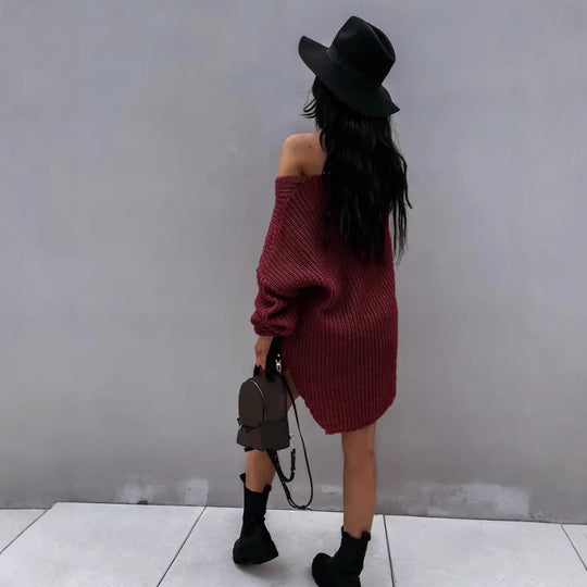 Damen lässiger Strickpullover mit tiefem V-Ausschnitt und ballonförmigen Ärmeln EB