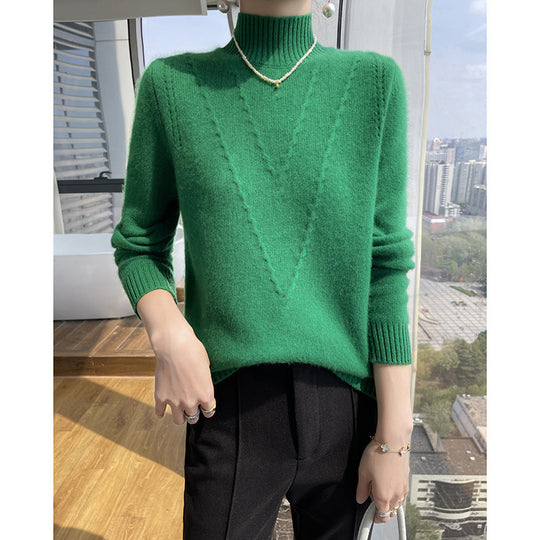 Damen weicher Strickpullover mit hohen Kragen und V-Design EB