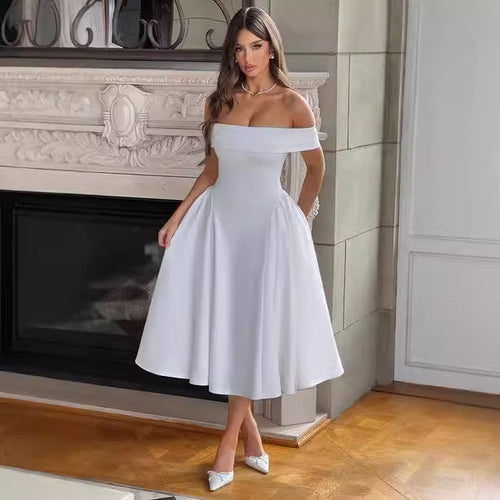 Damen Elegantes Off-Shoulder Midikleid mit ausladenden Falten und Taschen EB