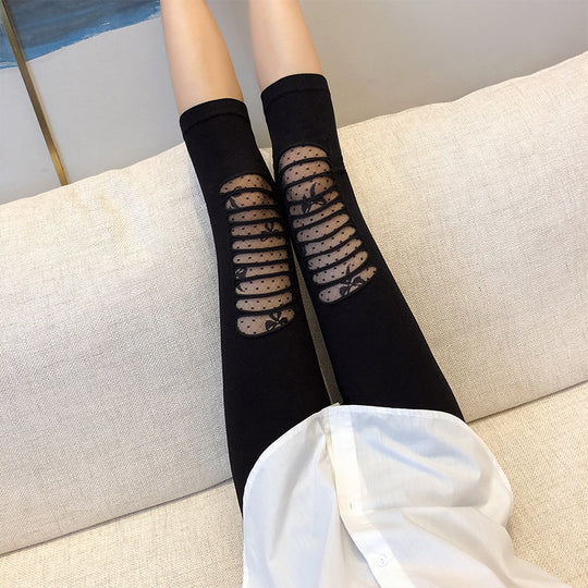 Damen Modische Leggings mit transparenten Netzdetails und Schleifen EB