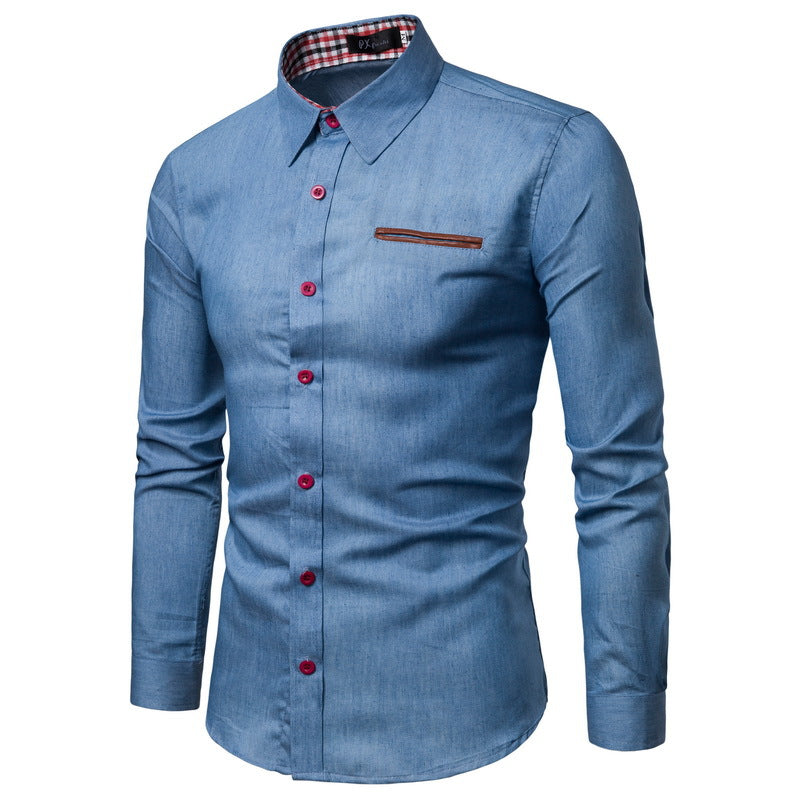 Herren nan Slim-Fit Denim-Hemd mit Brustleistentasche und kariertem Kragenfutter EB