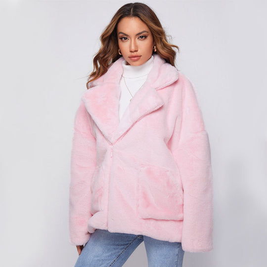 Damen Flauschige und stylische Freizeitjacke mit tiefem Reverskragen EB