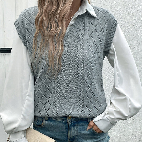Damen eleganter Strickpullover mit V-Ausschnitt und modischem Rautenmuster EB