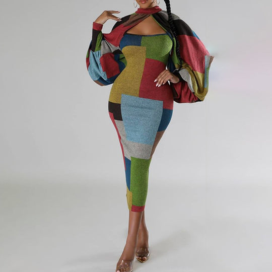 Damen Langarm-Kleid mit geometrischem Schnitt und voluminösen Ärmeln EB
