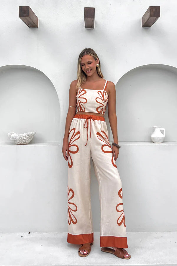 Damen Freizeitoberteil und weit geschnittene Hose mit floralem Muster EB