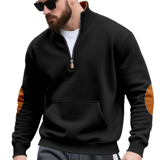 Herren nan Halbzip-Sweatshirt mit Stehkragen, Kängurutasche und kontrastierenden Ellbogenpatches EB