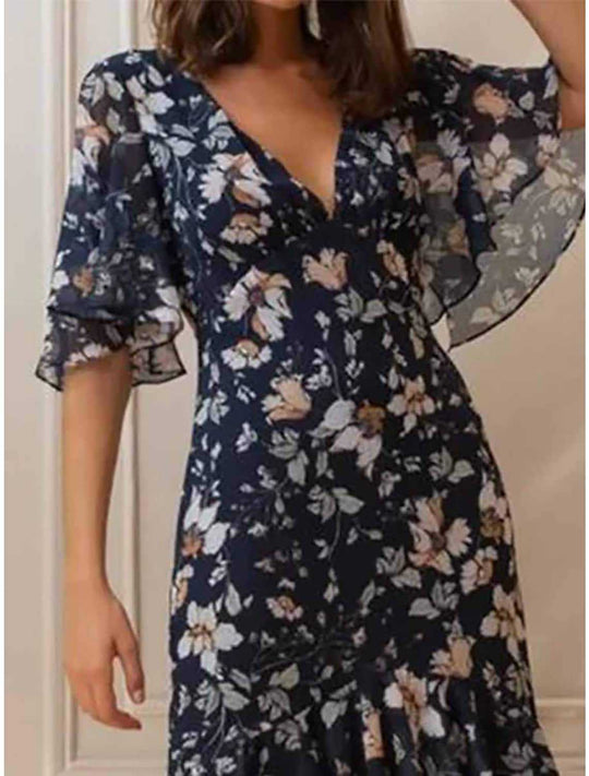 Damen Maxikleid mit voluminösen Ärmeln und floralem Design EB