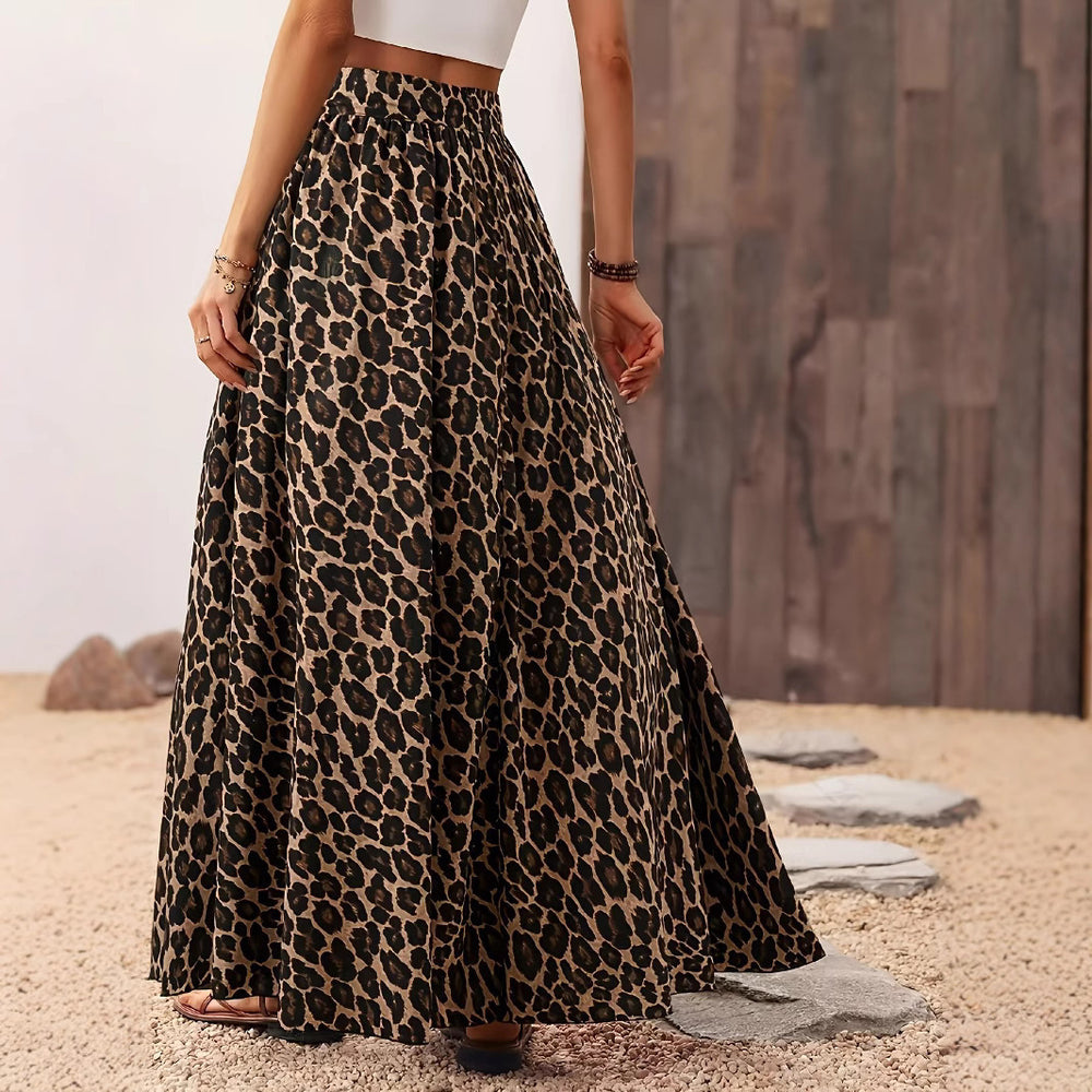 Damen Maxi-Rock mit elastischem Bund und Leopardenmuster EB