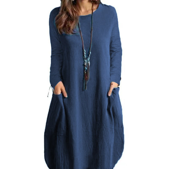 Damen lässiges Freizeitkleid mit seitlichen Taschen und Rundhalsausschnitt EB