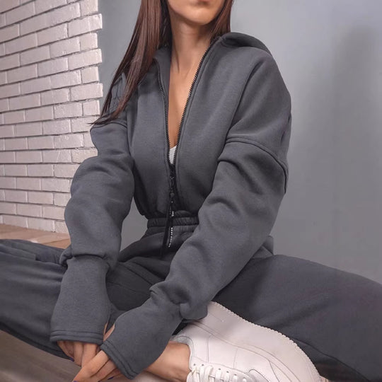 Damen Taillierter Kapuzen-Sweat-Jumpsuit mit Reißverschluss und elastischem Taillenbund EB