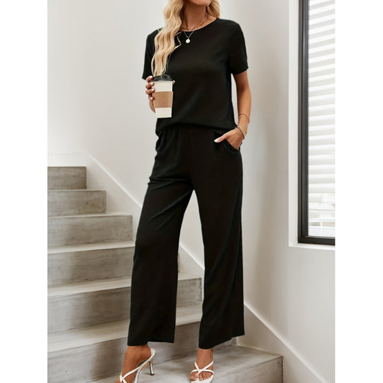 Damen Kurzarm-Overall mit Rüschendetails und Bindegürtel EB