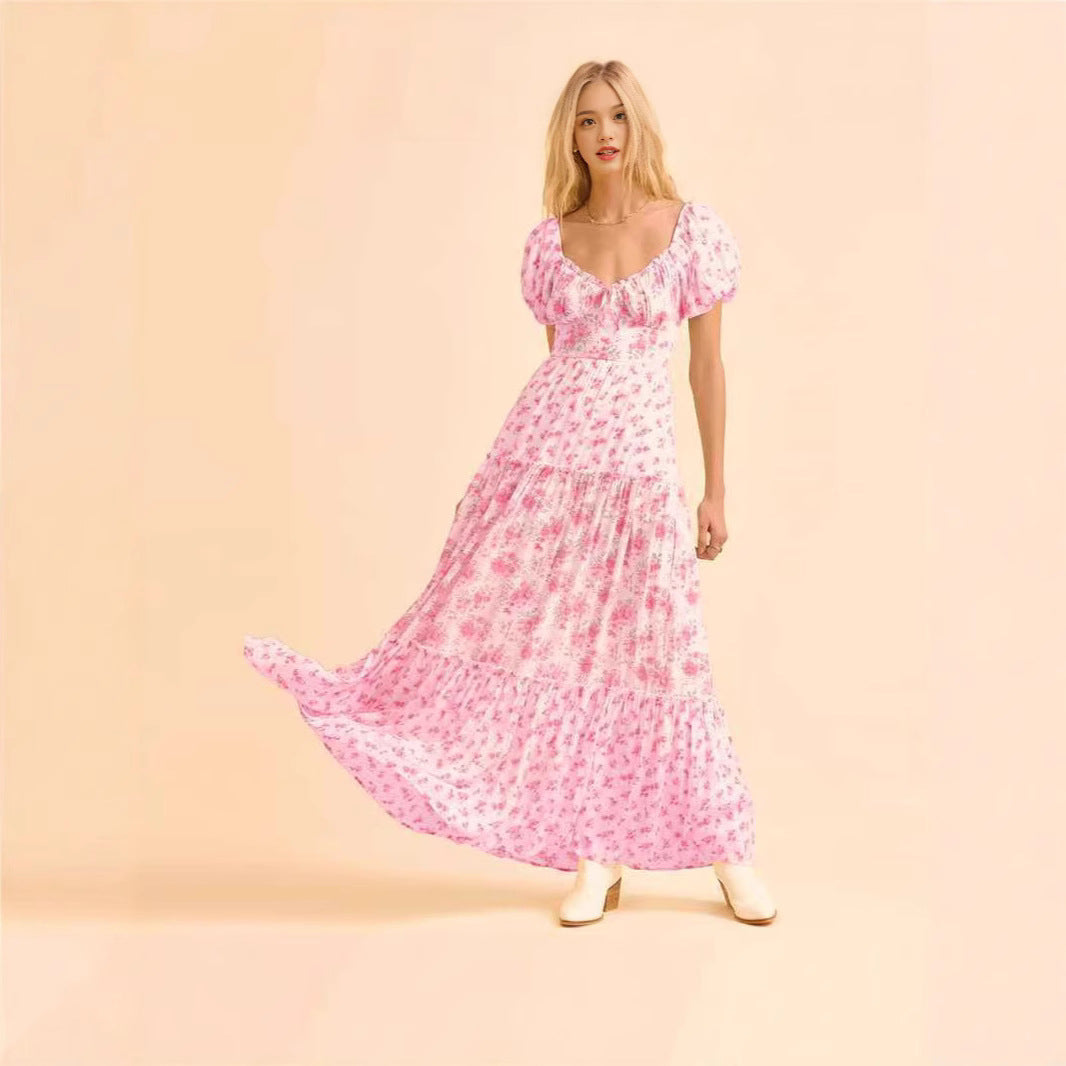 Damen Maxikleid mit blumigem Design und hochwertigen Puffärmeln EB
