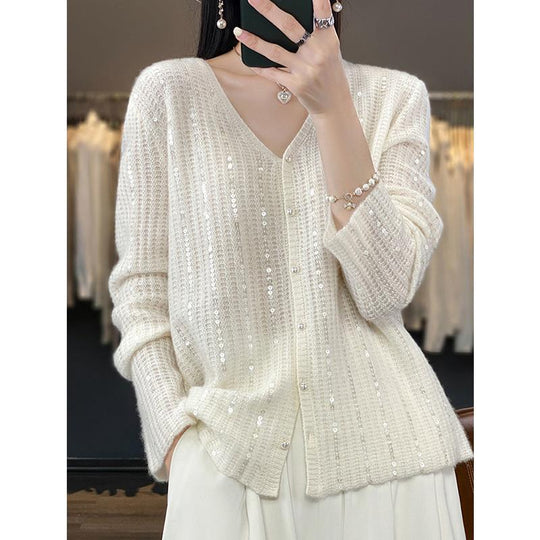 Damen Knopfverschluss Pailletten Cardigan Pullover EB