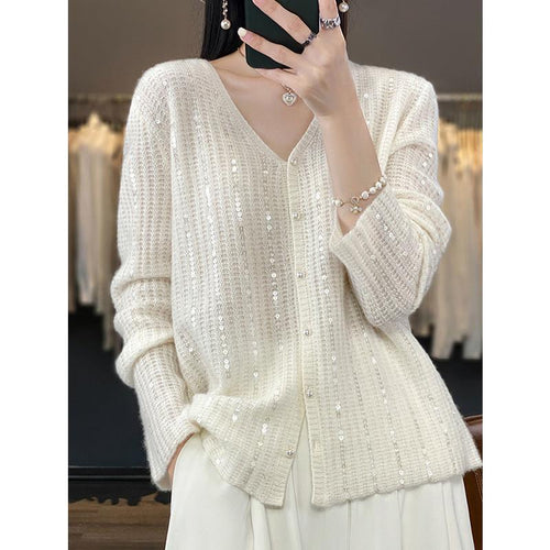 Damen Knopfverschluss Pailletten Cardigan Pullover EB