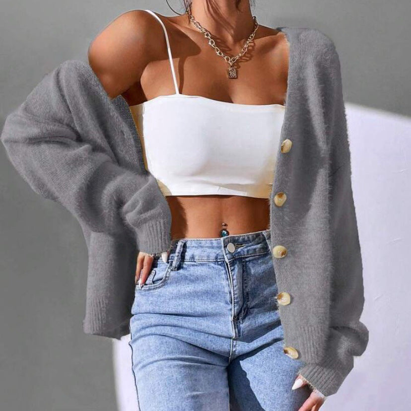 Damen Flauschiger Strick-Cardigan mit goldenen Knöpfen und lässigem Schnitt EB