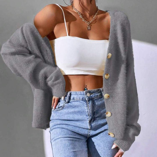 Damen Flauschiger Strick-Cardigan mit goldenen Knöpfen und lässigem Schnitt EB