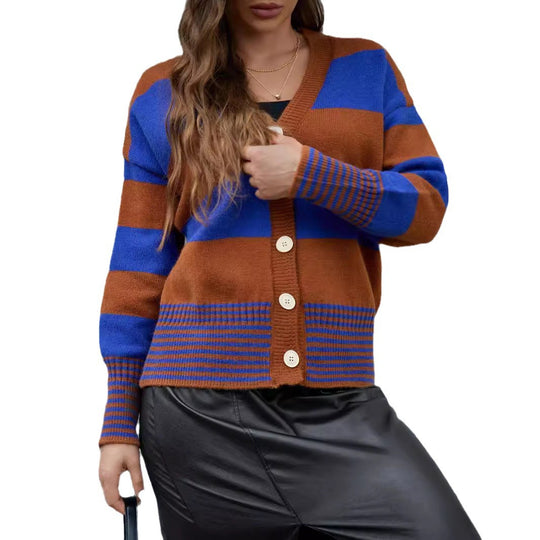 Damen Langarm-Strickjacke mit modernen Streifen und Knopfdetails EB