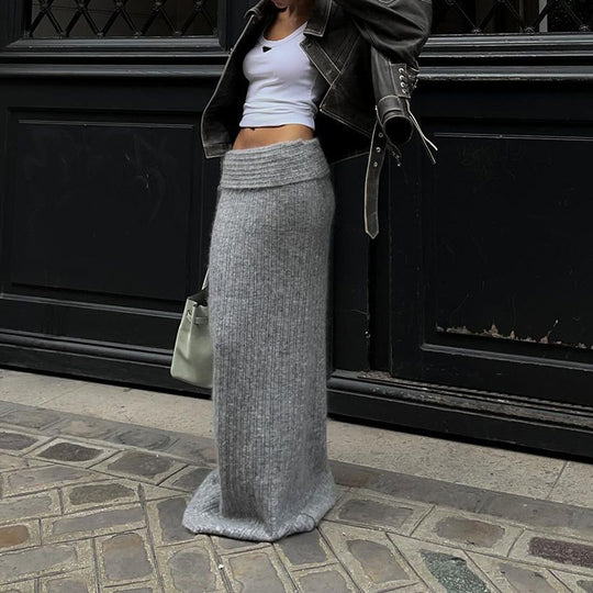 Damen nan hochtaillierter gerippter Maxi-Strickrock mit Twist-Taillenbund und figurumspielender A-Linie EB