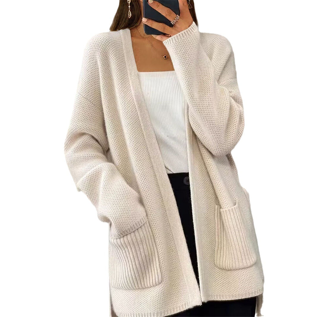 Damen nan lange Strickjacke mit Bindegürtel, aufgesetzten Rippentaschen und lockerem Waffelstrick EB