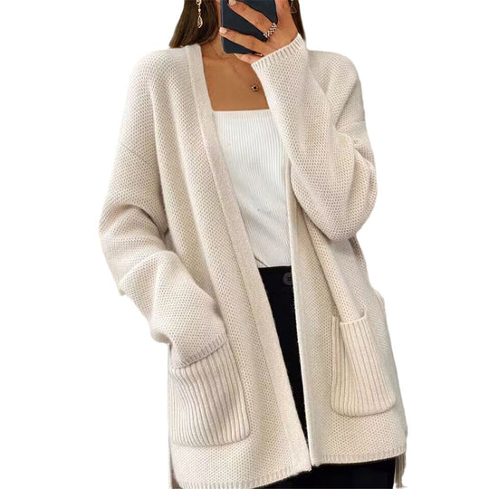 Damen nan lange Strickjacke mit Bindegürtel, aufgesetzten Rippentaschen und lockerem Waffelstrick EB