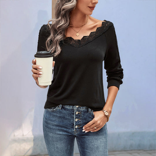 Damen Elegantes Oberteil mit Spitzendetails und Rundhalsausschnitt EB