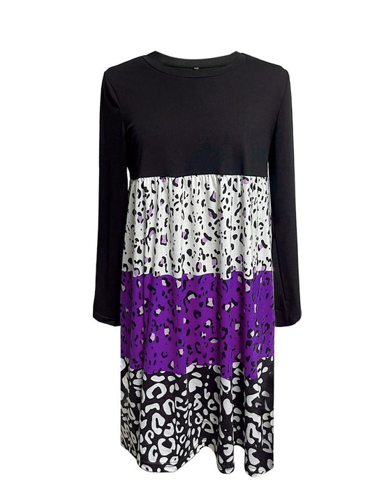 Damen Freizeitkleid mit bunten Tiermuster-Abschnitten und langen Ärmeln Heidi-Mode