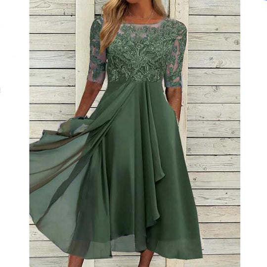 Damen nan V-Ausschnitt Chiffon-Midikleid mit besticktem Bustier, transparenten dreiviertel-Ärmeln und asymmetrischem Lagenrock EB