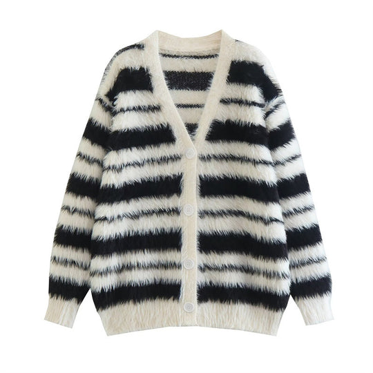 Damen Gemütlicher Strickcardigan mit modernem Streifenmuster und weichem Material EB