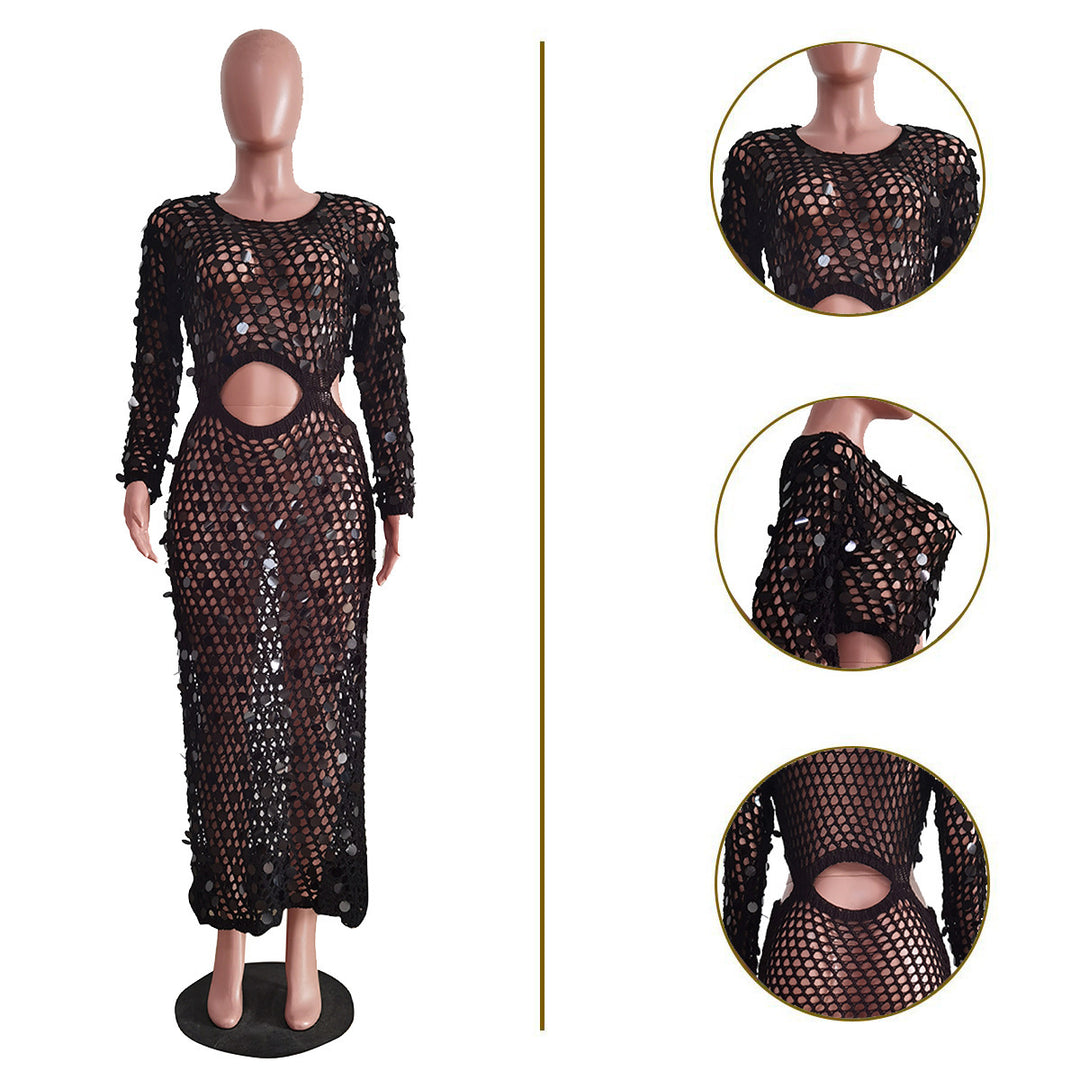 Damen Maxi-Kleid aus transparentem Häkelmaterial mit Cut-Out-Details EB