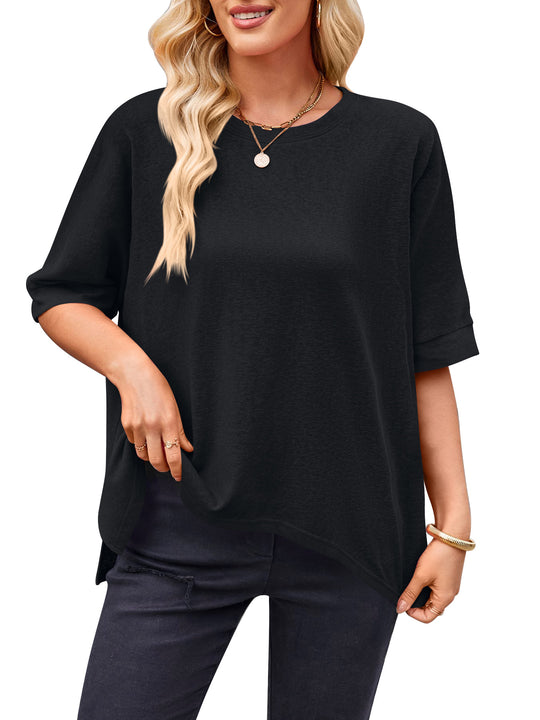 Damen lässiges Oversized T-Shirt mit seitlichen Schlitzen und umgeschlagenen Ärmeln EB