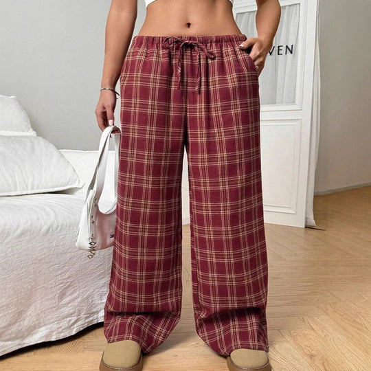 Damen Weite Karo Freizeithose mit elastischem Bund und Kordelzug EB