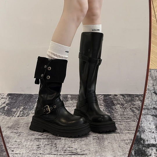 Damen Modische und robuste Stiefel mit verstellbarem Riemen und Schnalle EB