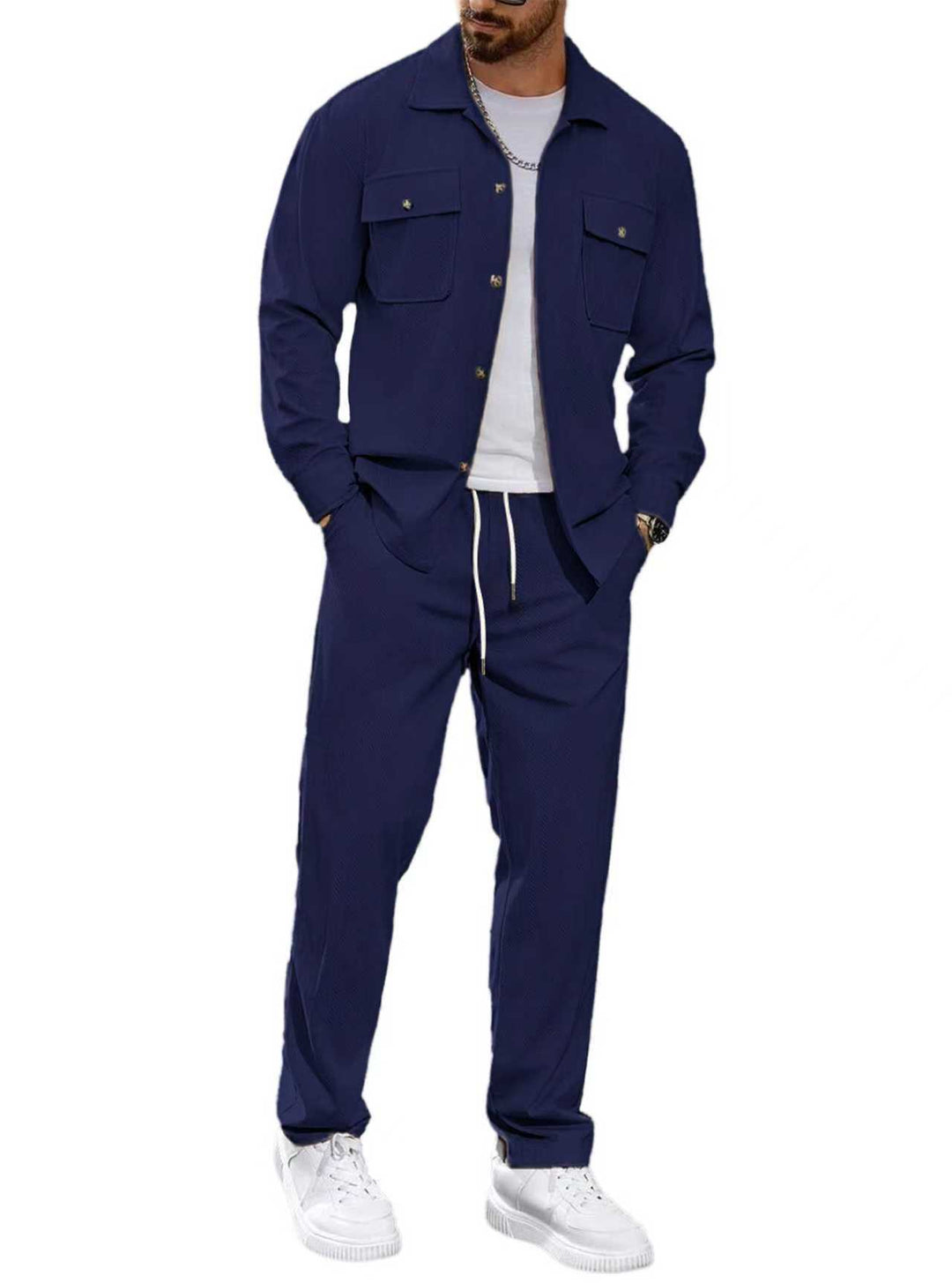 Herren nan lässiger Zweiteiler Hemdjacke mit aufgesetzten Brusttaschen und Kordelzughose EB