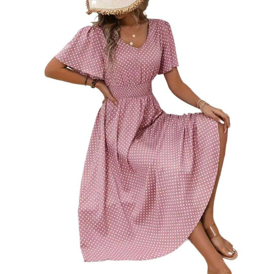 Damen Maxikleid im verspielten Punktdesign mit voluminösen Ärmeln und tiefem V-Ausschnitt EB